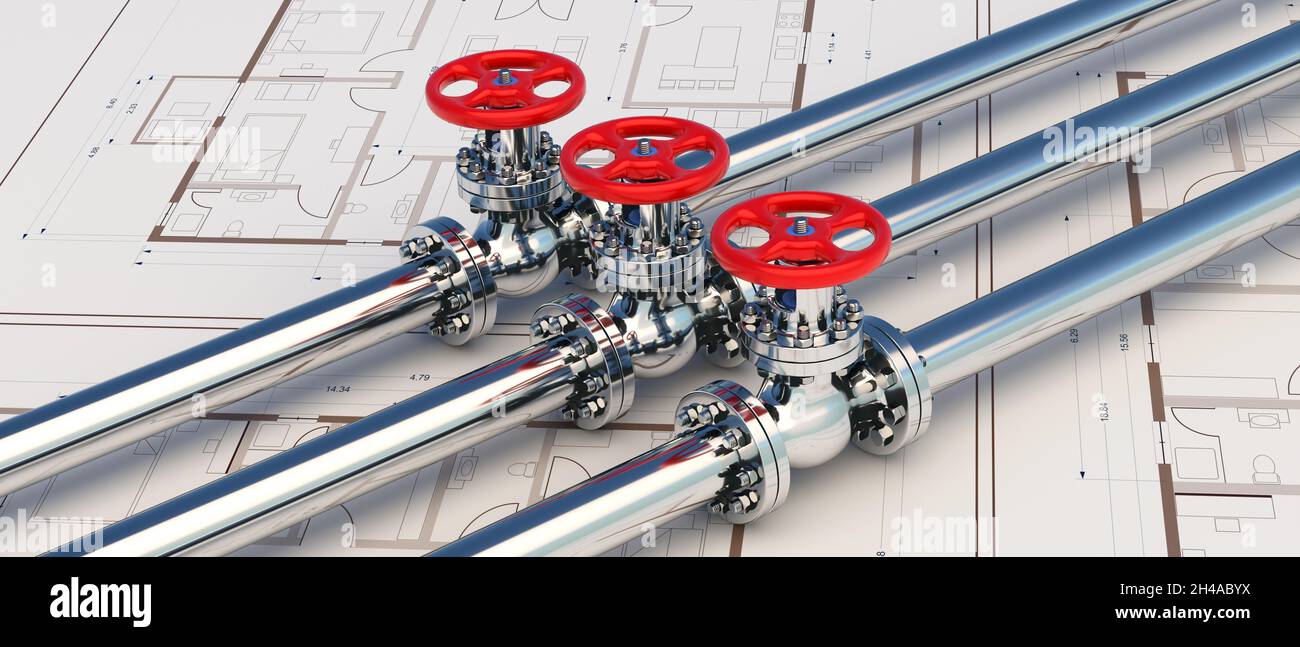 Pipe line industry engineering blueprints, industrial project plan. Pipelines and valves on construction design drawings background. 3d illustration Stock Photo