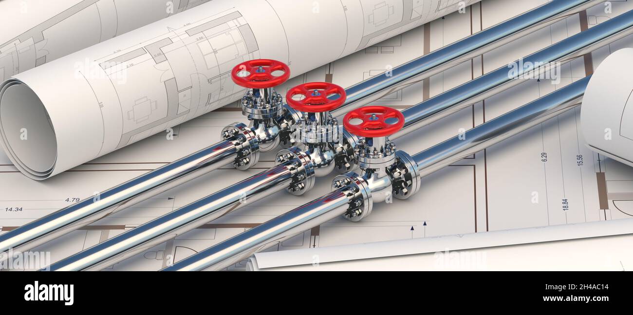 Industrial pipelines and valves on construction design drawings background. Pipe line industry engineering blueprints. 3d illustration Stock Photo