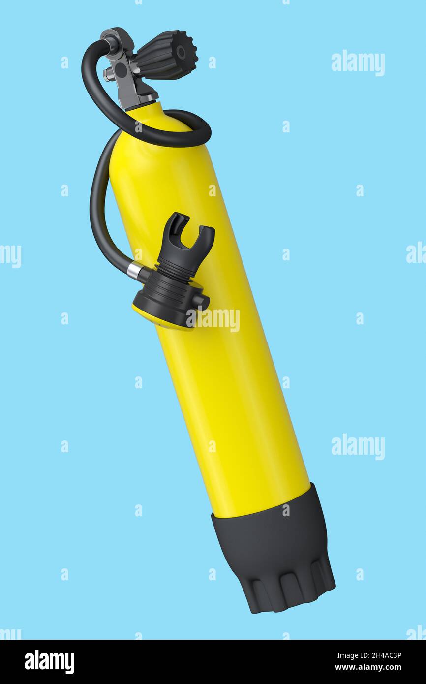 Yellow diving tank full oxygen for snorkeling isolated on a blue