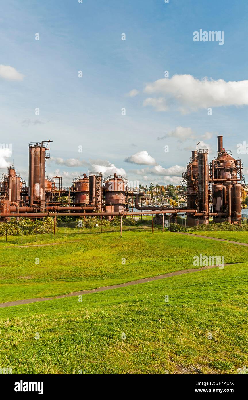 Old, rusted gasification plant at Gas Works Park in Seattle, Washington