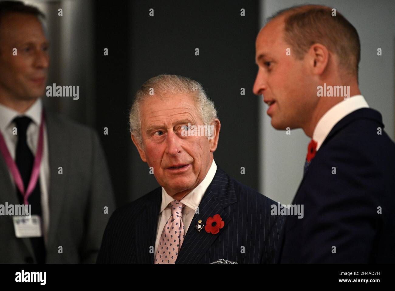 The Prince of Wales speaks with The Duke of Cambridge (right) at the Clydeside Distillery, Glasgow, at a reception for the key members of the Sustainable Markets Initiative and the Winners and Finalists of the first Earthshot Prize Awards as the COP26 UN Climate Change Conference takes place in Glasgow. Picture date: Monday November 1, 2021. Stock Photo