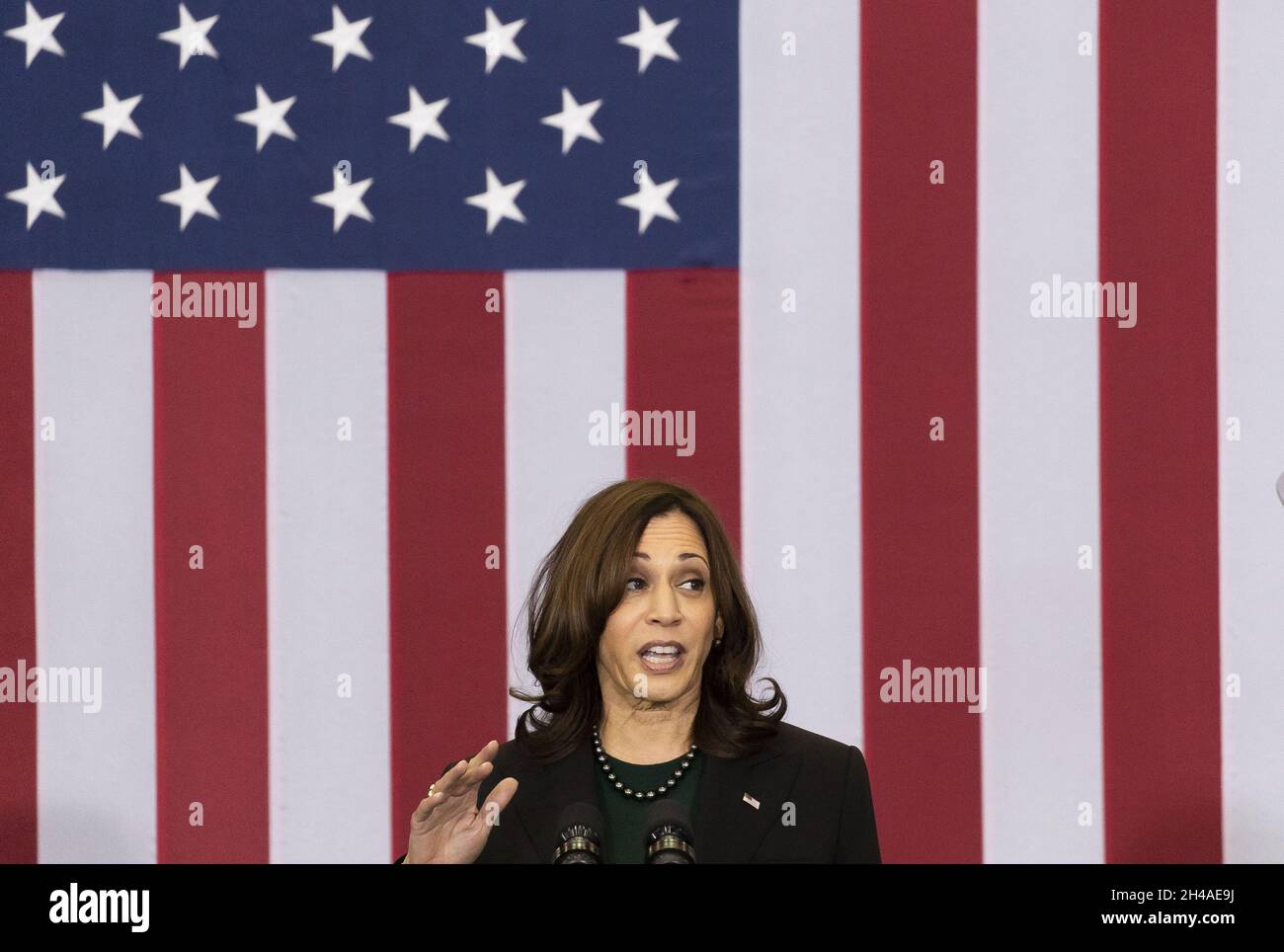 New York, United States. 01st Nov, 2021. U.S. Vice President Kamala Harris speaks at an event promoting the Biden administration's Build Back Better agenda and and clean energy solutions in a Port Authority of New York and New Jersey hangar at John F. Kennedy International airport in the Queens borough of New York, New York, on Monday, November 1, 2021. Photo by Justin Lane/UPI Credit: UPI/Alamy Live News Stock Photo