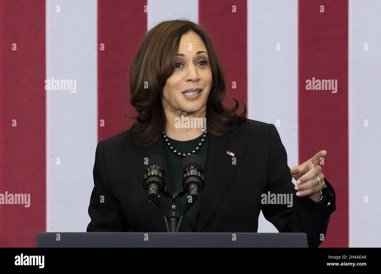 New York, United States. 01st Nov, 2021. U.S. Vice President Kamala Harris speaks at an event promoting the Biden administration's Build Back Better agenda and and clean energy solutions in a Port Authority of New York and New Jersey hangar at John F. Kennedy International airport in the Queens borough of New York, New York, on Monday, November 1, 2021. Photo by Justin Lane/UPI Credit: UPI/Alamy Live News Stock Photo