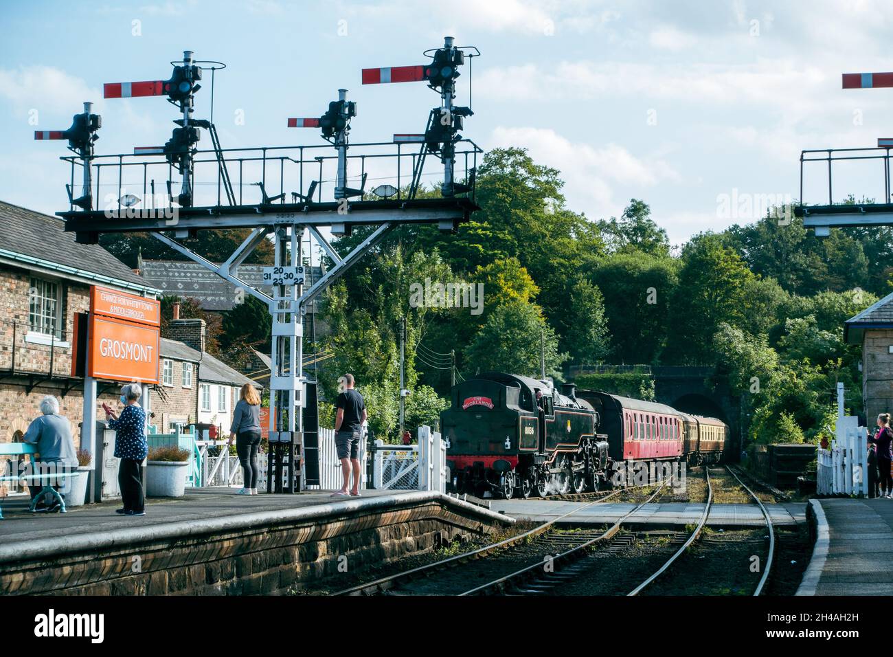 Steam train, The Moorlander, reversing into Grosmont station on the North York Moors Heritage Railway, UK Stock Photo