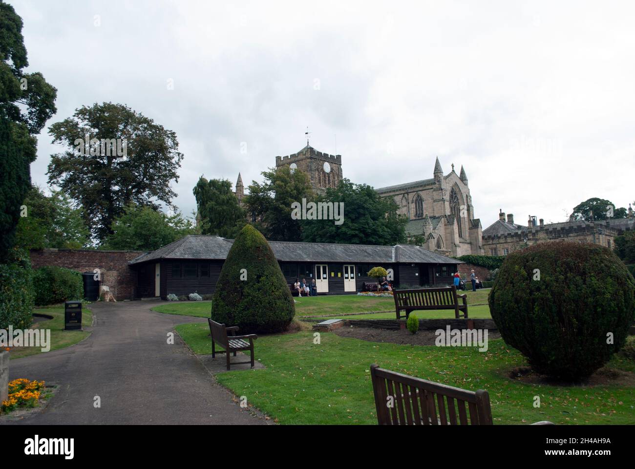 Hexham Abbey, from Hexham Abbey Bowls Club, Hexham, Northumberland, England, UK Stock Photo