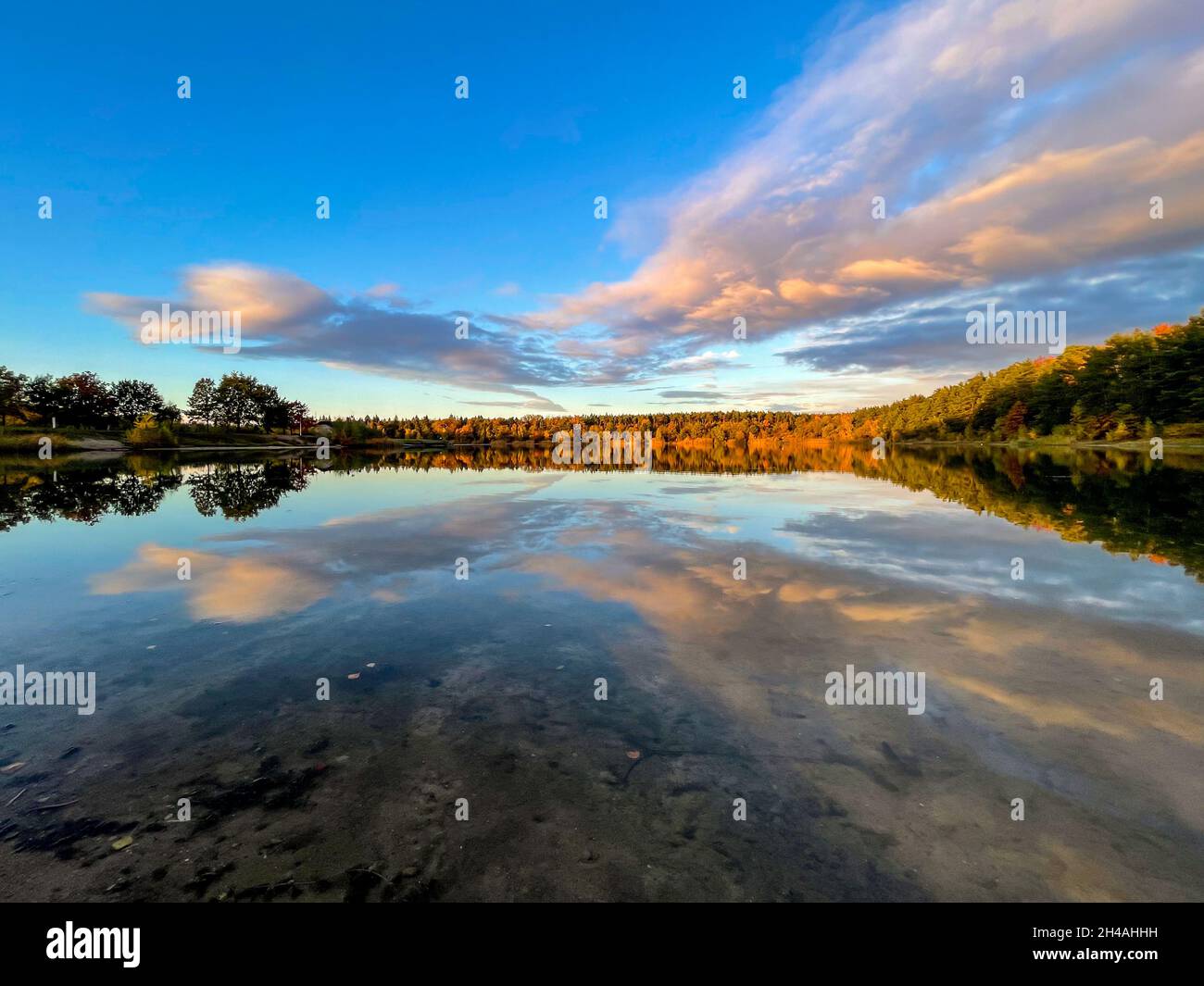 A beautiful little lake in Hesse, Germany at a sunny day in Autumn with a colorful forest reflecting in the water. Stock Photo