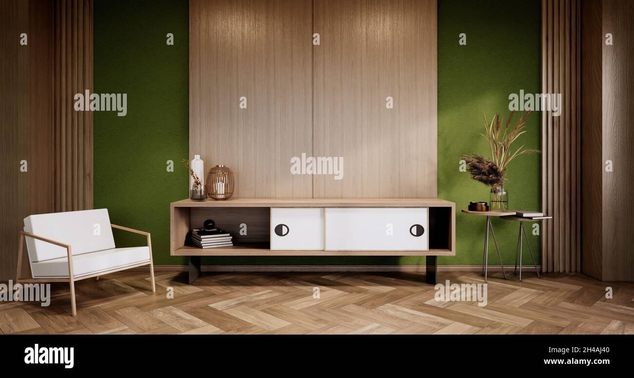 Minimalist - Modern Green room interior with Cabinet TV and armchair ...