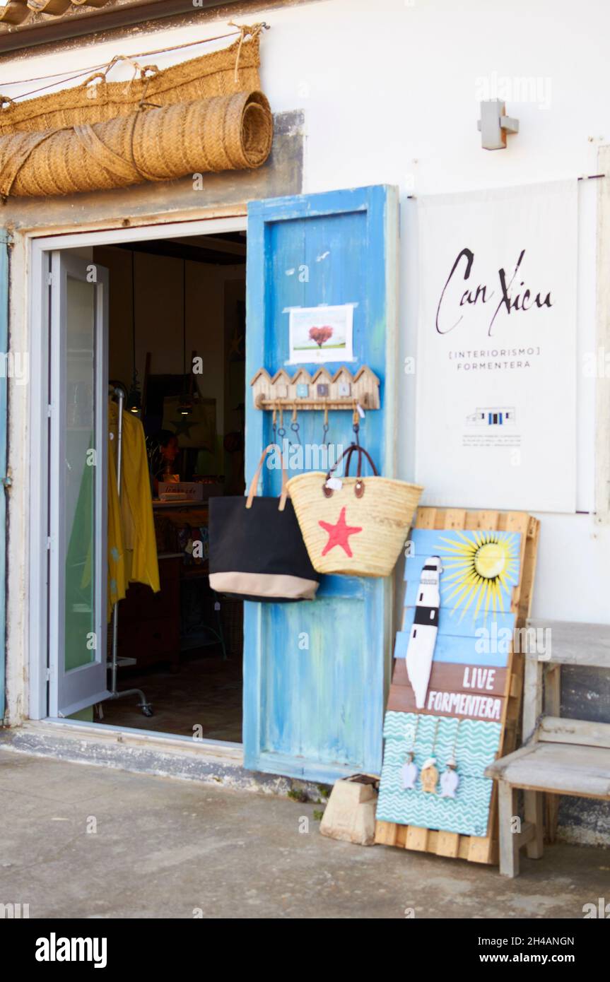 Storefront of the interiorism and decoration shop Can Xicu in El Pilar de La Mola (Formentera, Balearic Islands, Spain) Stock Photo