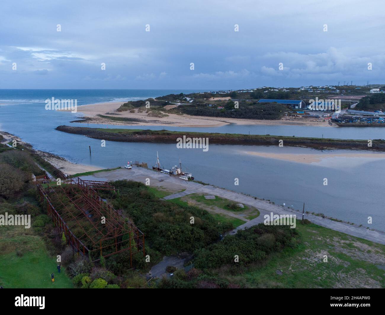 Aerial views of Hayle beach late October 2021 in Cornwall, England. Stock Photo