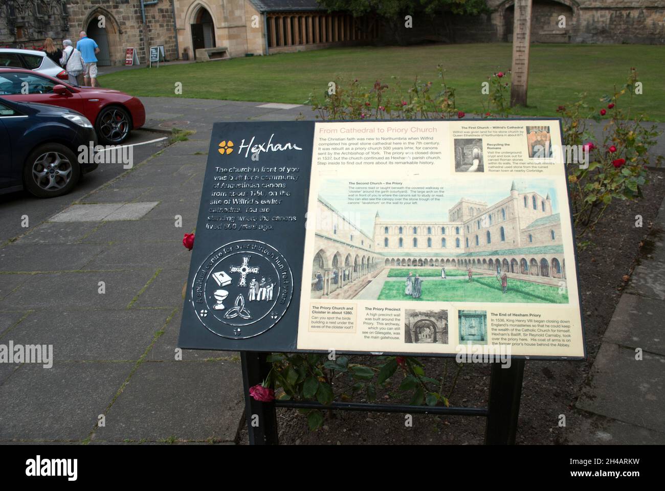 Information sign board outside Hexam Abbey, Hexham, Northumberland ...