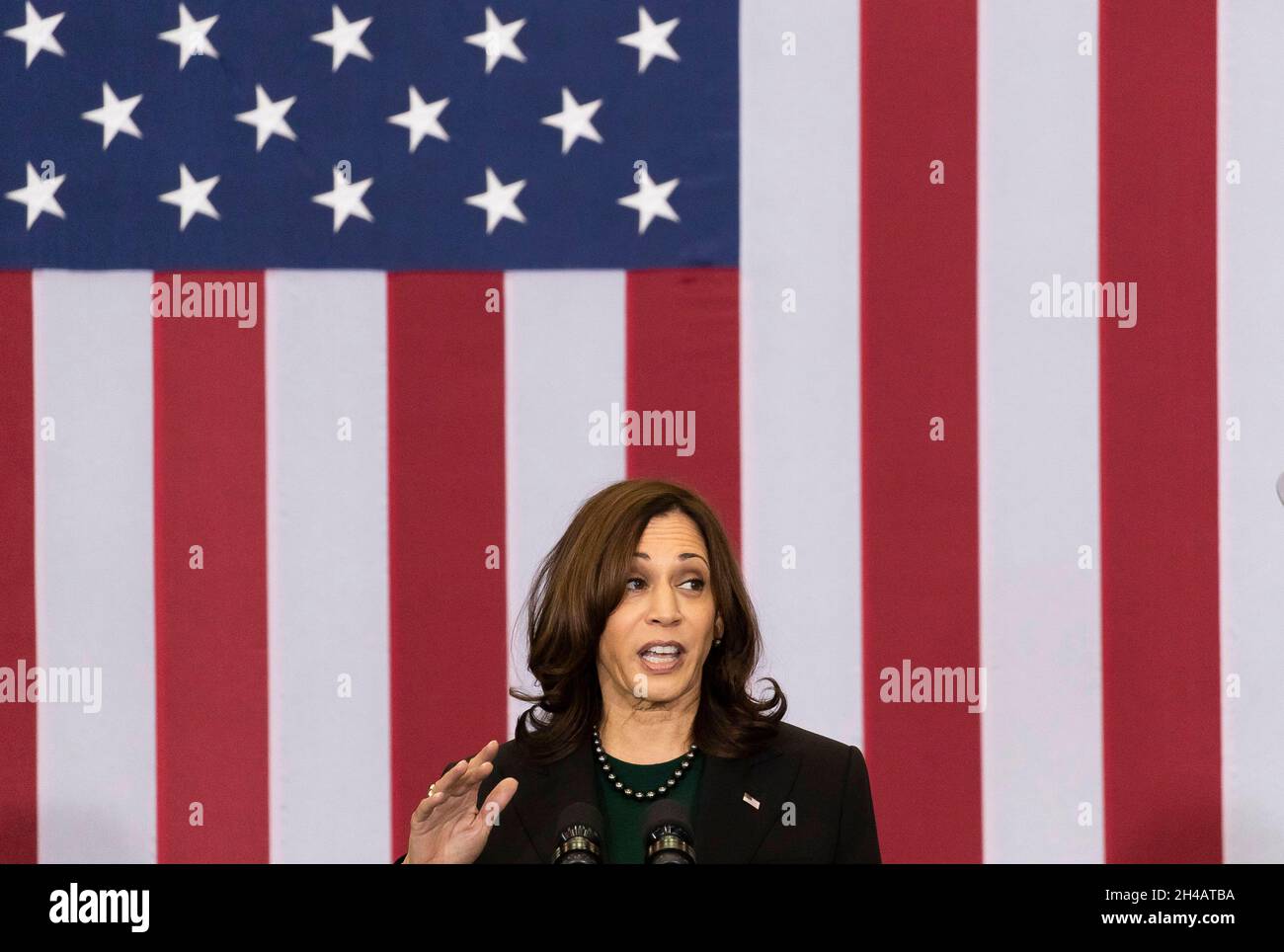 United States Vice President Kamala Harris speaks at an event promoting the Biden administration's Build Back Better agenda and and clean energy solutions in a Port Authority of New York and New Jersey hangar at John F. Kennedy International airport in the Queens borough of New York, New York, USA, 01 November 2021.Credit: Justin Lane/Pool via CNP /MediaPunch Stock Photo
