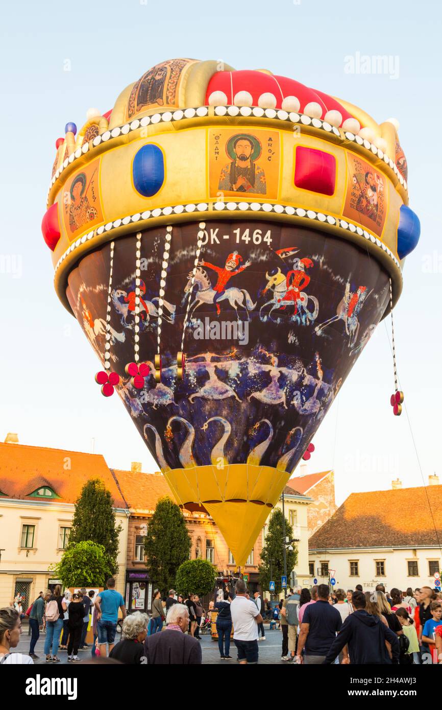 Hot air baloon decorated with Hungarian symbols: the holy crown, during Kult100 event, Sopron, Hungary Stock Photo