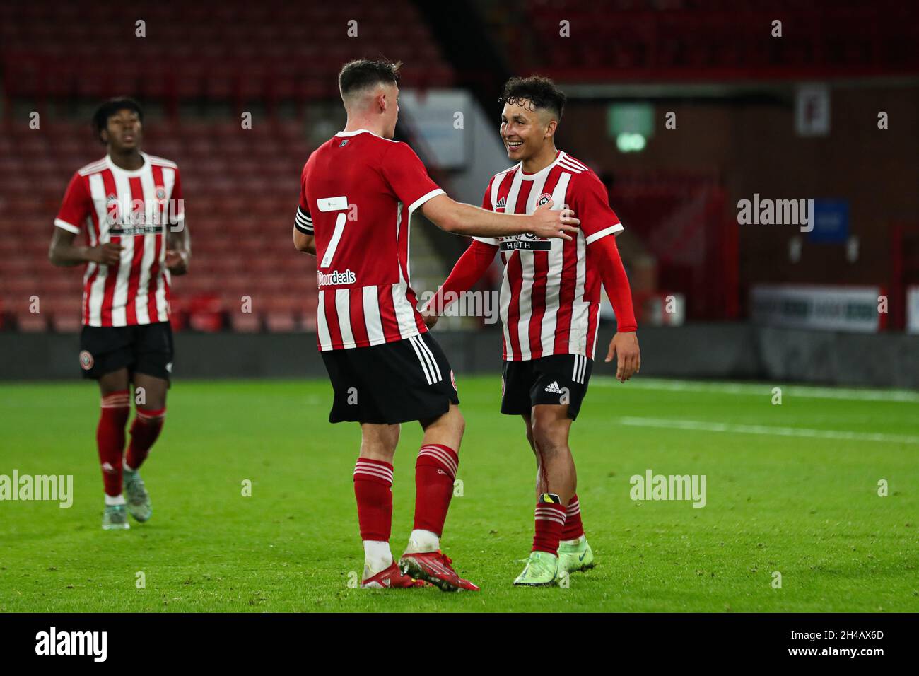 Sheffield, England, 1st November 2021. Angelo Cappello of Sheffield United  (r) scores their side's third goal of the game during the Professional  Development League match at Bramall Lane, Sheffield. Picture credit should