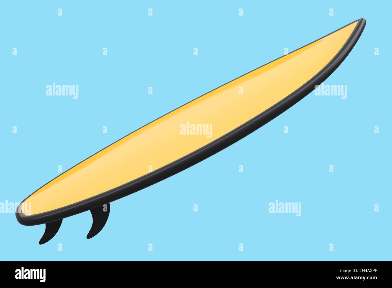 Realistic orange surfboard isolated on blue background. 3d render of