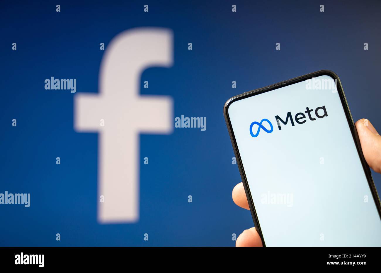 Cracow, Poland - October 29, 2021:  Mark Zuckerberg announced facebook logo change to meta and creates metaversum that integrates services. Stock Photo