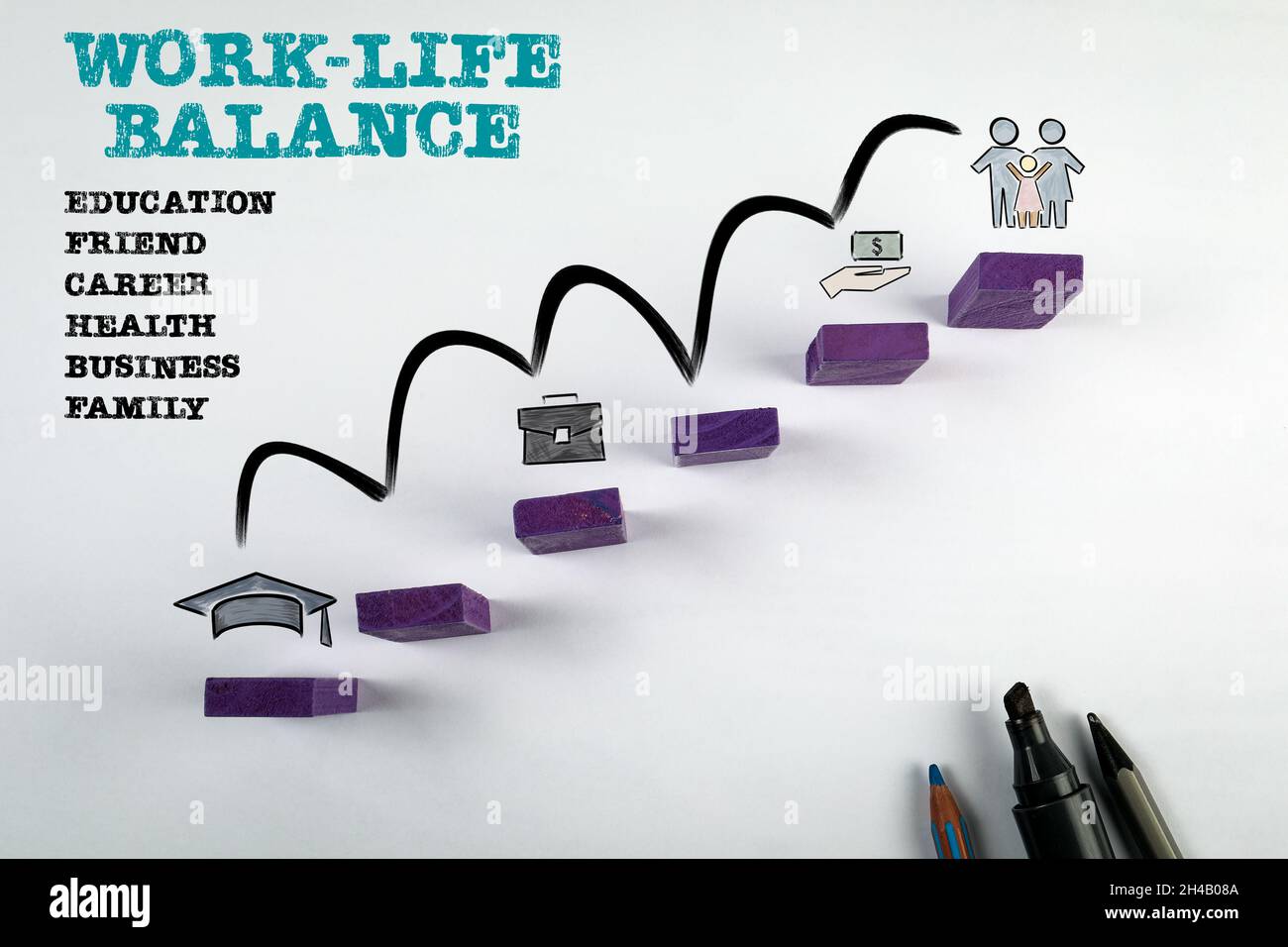 Work Life Balance concept. Purple wooden blocks on a white background ...