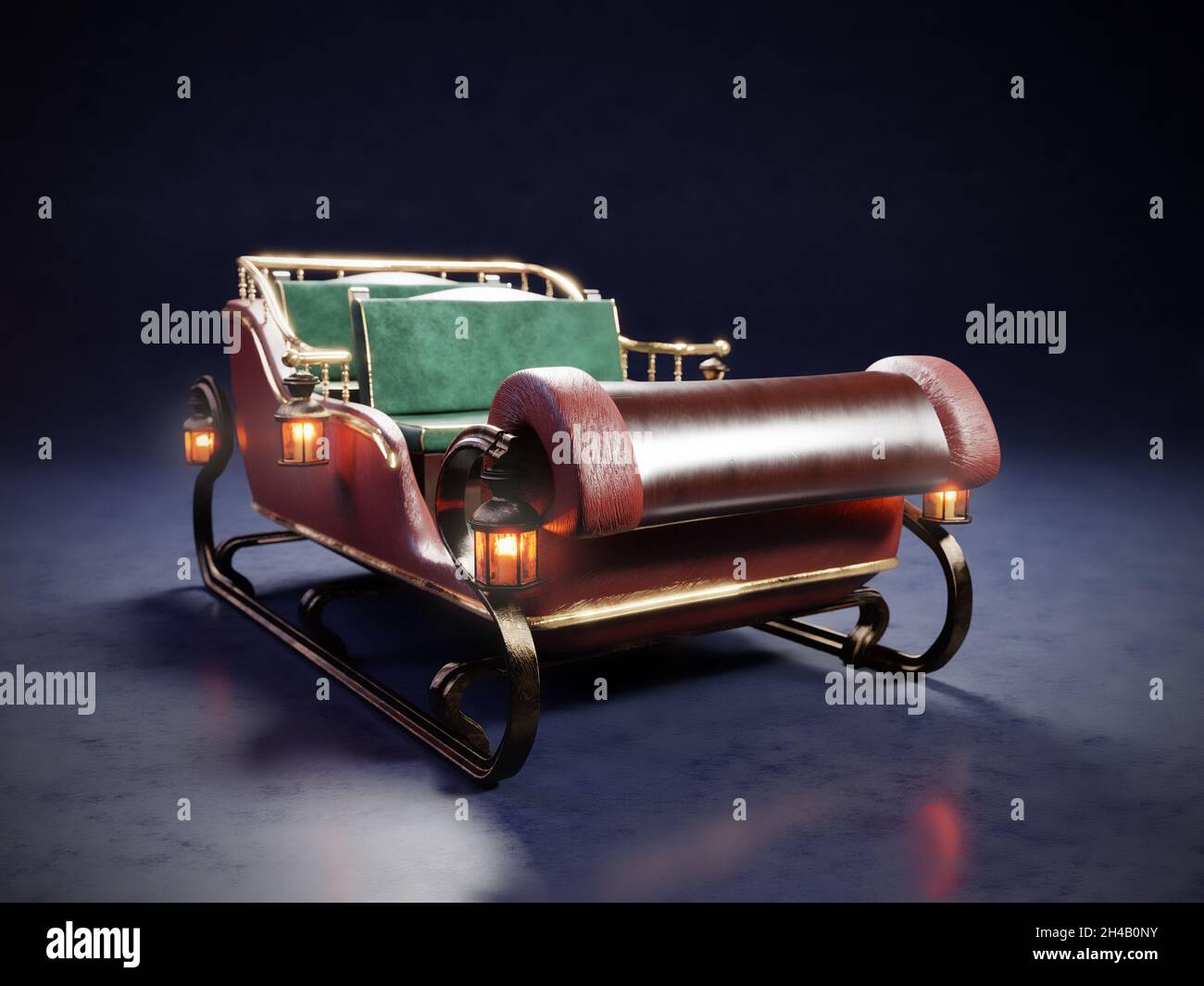3D rendering of Santa Clause sleigh with lit lanterns on dark blue background Stock Photo
