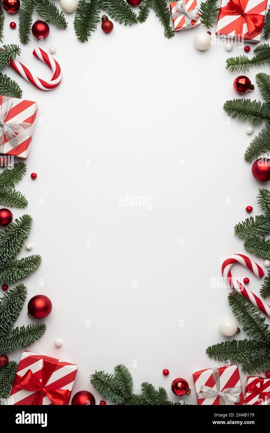 Christmas card with festive decor on white background Stock Photo