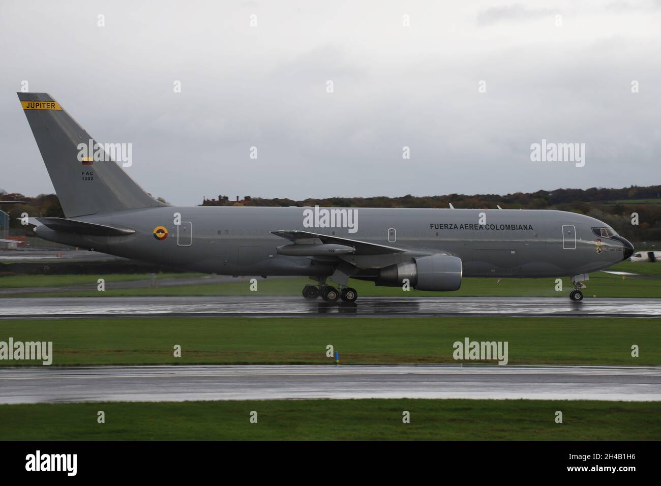 FAC 1202, a Boeing 767MMTT operated by the Colombian Air Force (Fuerza Aérea Colombiana - FAC), on arrival at Prestwick International Airport in Ayrshire, Scotland. The aircraft brought President Duque and other Colombian delegates to Scotland, for the COP26 summit taking place in Glasgow. Stock Photo