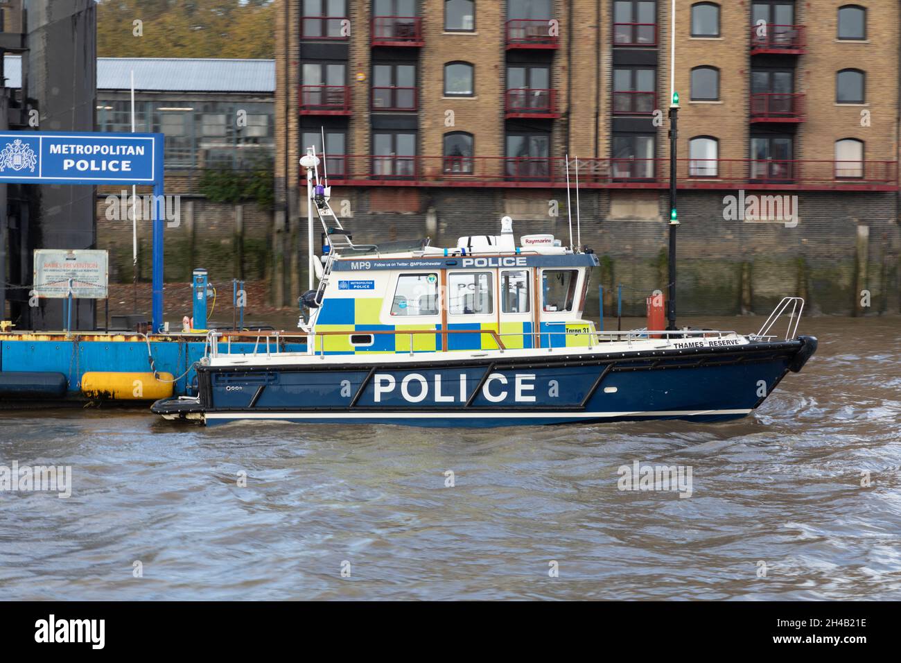 A Targa 31 boat belonging to the Metropolitan Police, moored on the River Thames in London, UK Stock Photo