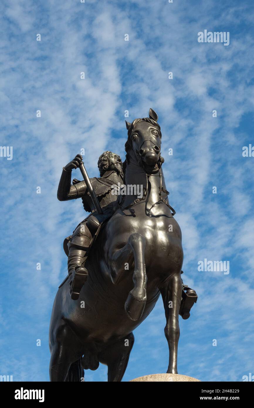 An equestrian statue representing Charles i, located in Trafalgar Square, London, UK. Stock Photo
