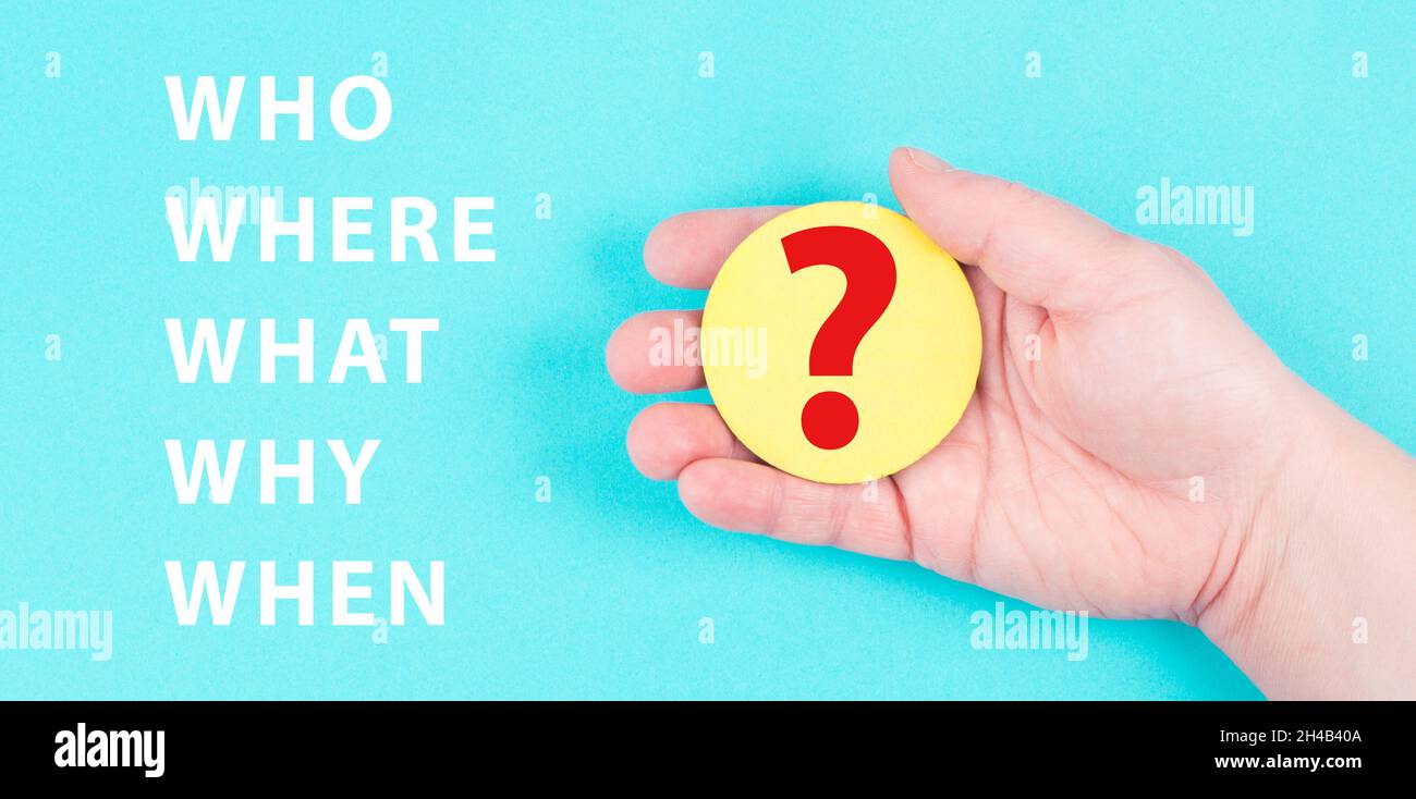 The words who, what, why, when, where are standing on a blue colored ...