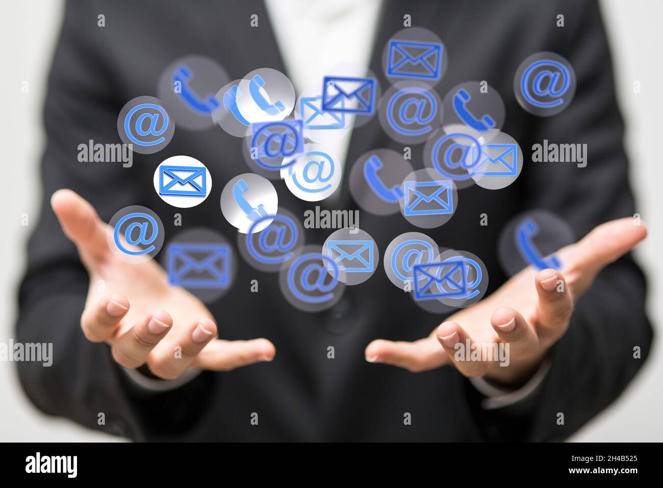 3D rendering of a man pointing at floating email icons - Concept of ...