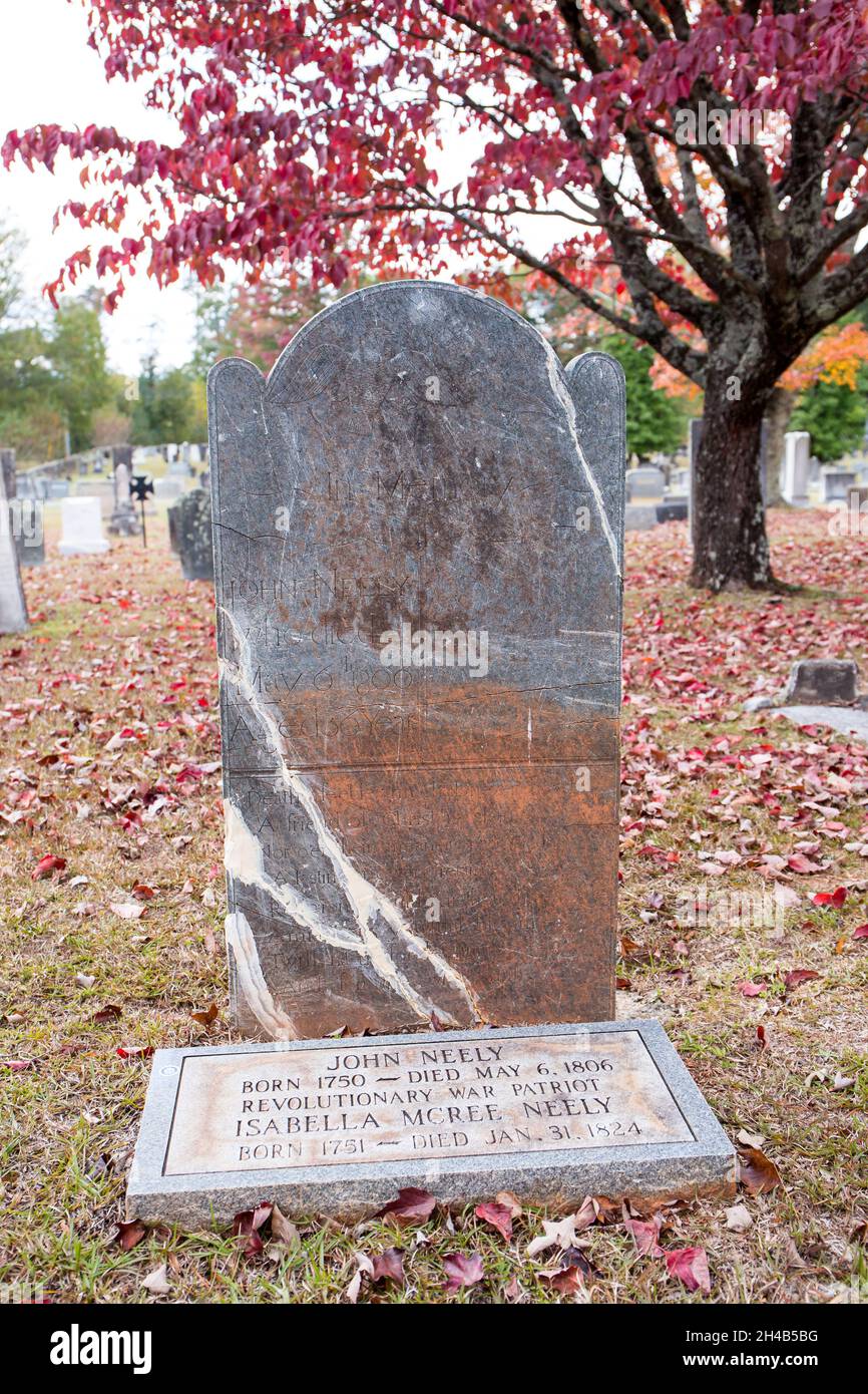 Gravestone of John Neely, a Revolutionary War patriot, located at the historic Steele Creek Presbyterian Church cemetery in Charlotte, North Carolina. Stock Photo