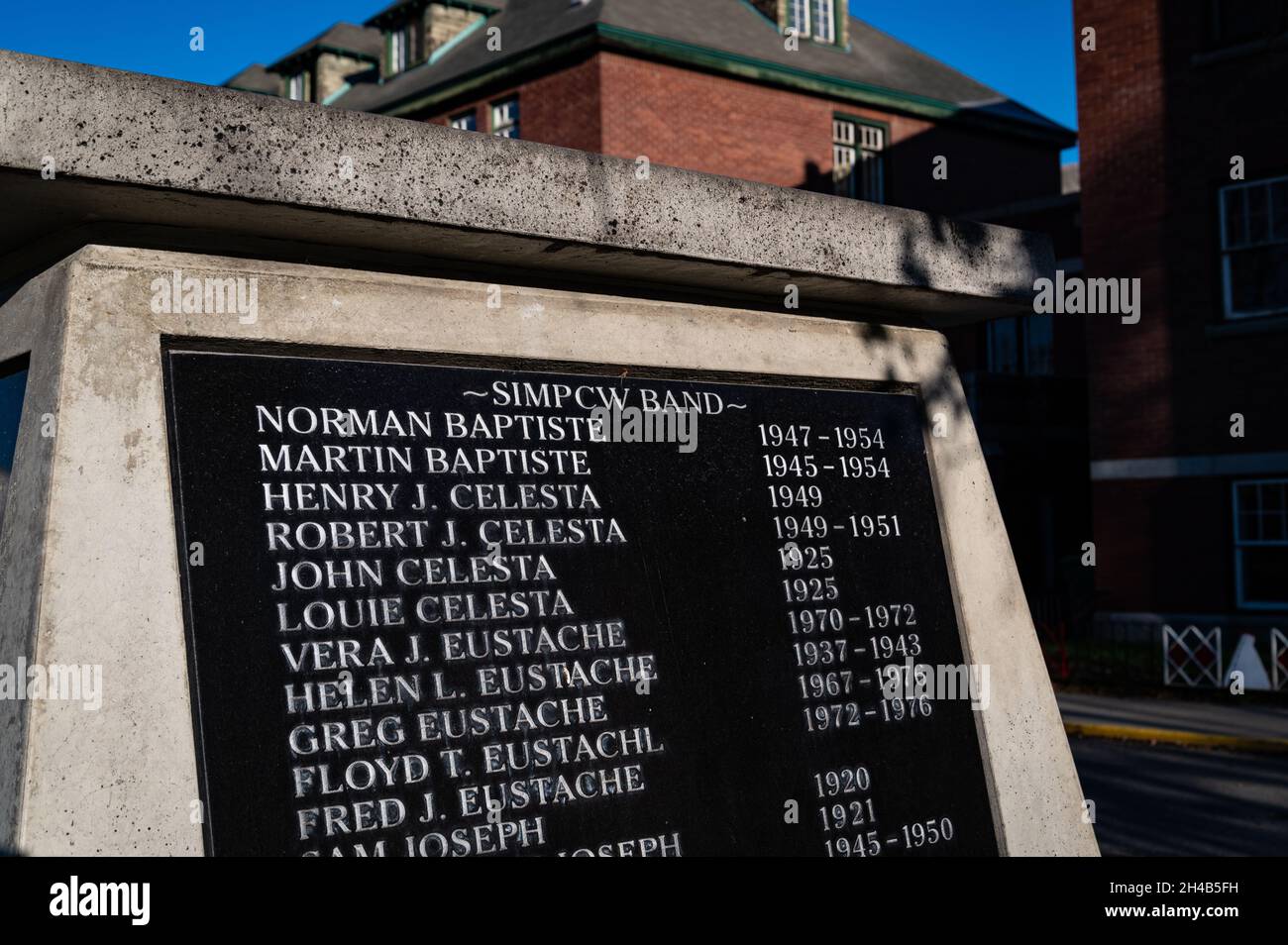 Monument with childrens names at the Indian Residential School. The remains of over 200 children are believed to be buried on site in unmarked graves. Stock Photo