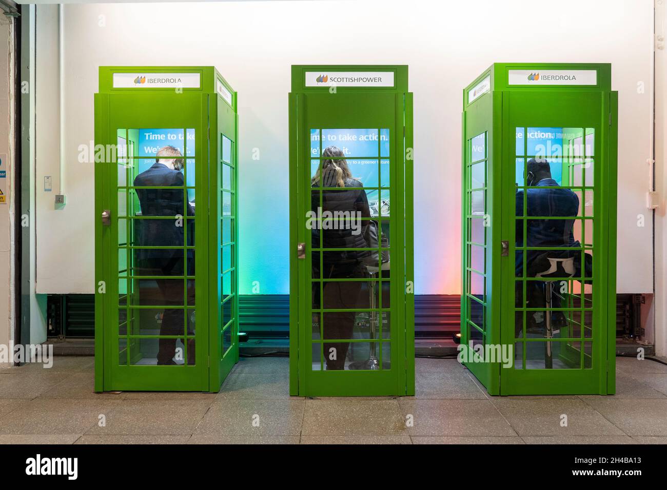 Glasgow, Scotland, UK. 1st November 2021. Images from Monday at the UN climate change conference in Glasgow. Pic; Green telephone boxes at the COP26 venue.   Iain Masterton/Alamy Live News. Stock Photo