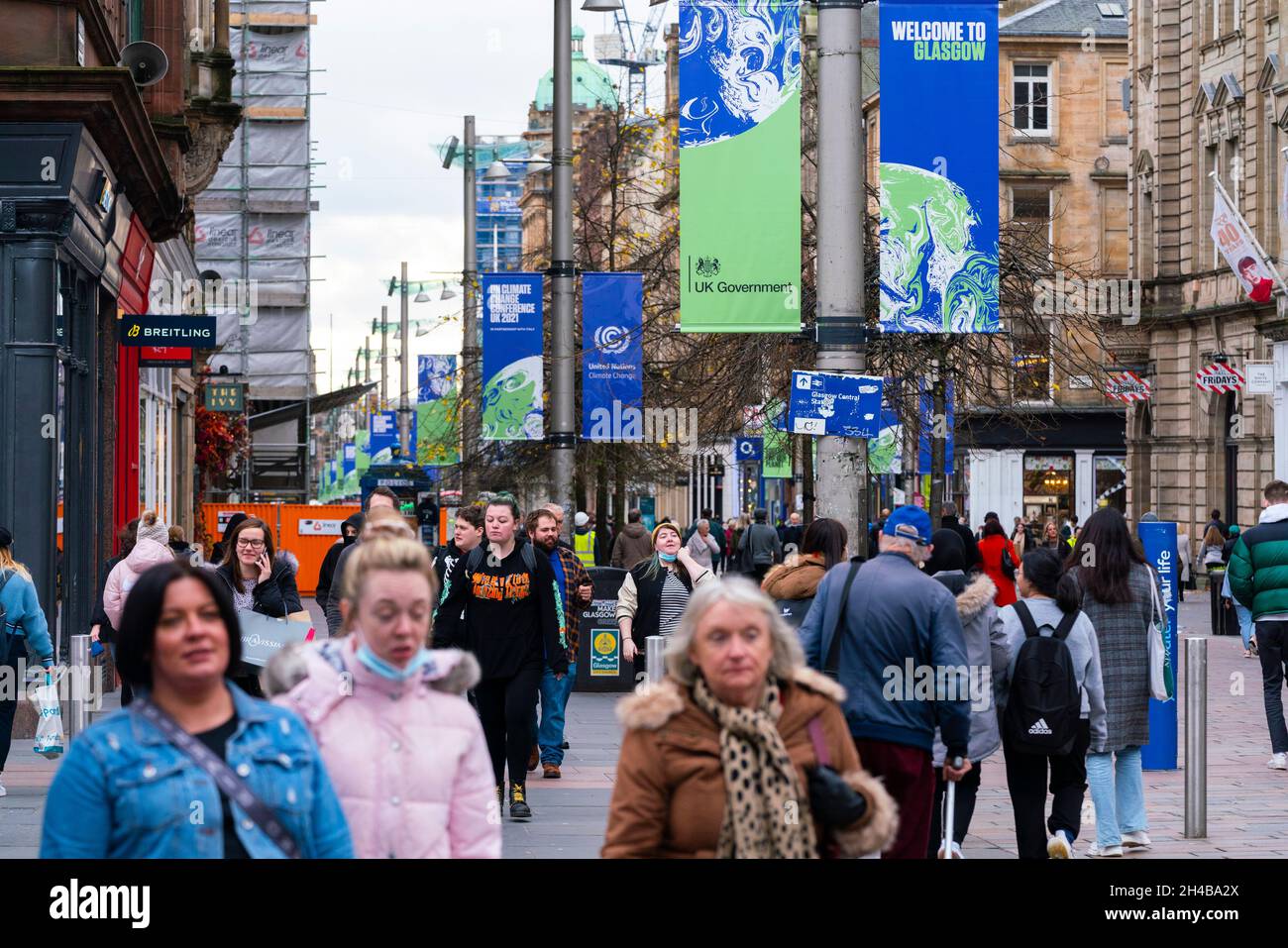Glasgow, Scotland, UK. 1st November 2021. Images from Monday at the UN climate change conference in Glasgow. Pic; Street scene on Buchanan Street during the COP26 event.  Iain Masterton/Alamy Live News. Stock Photo