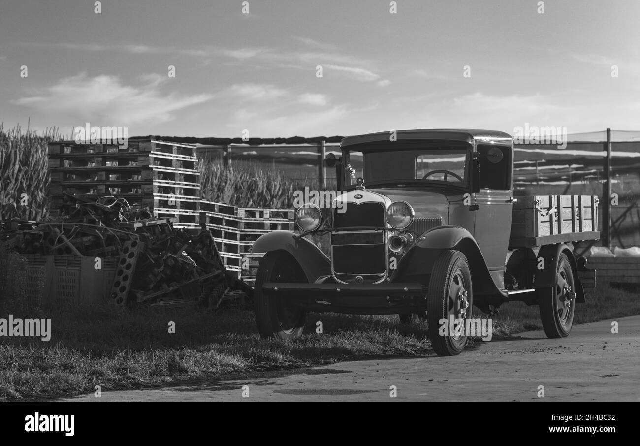 DEN HAAG, NETHERLANDS - Sep 24, 2021: A greyscale shot of a classic T Ford pickup truck in the Netherlands Stock Photo