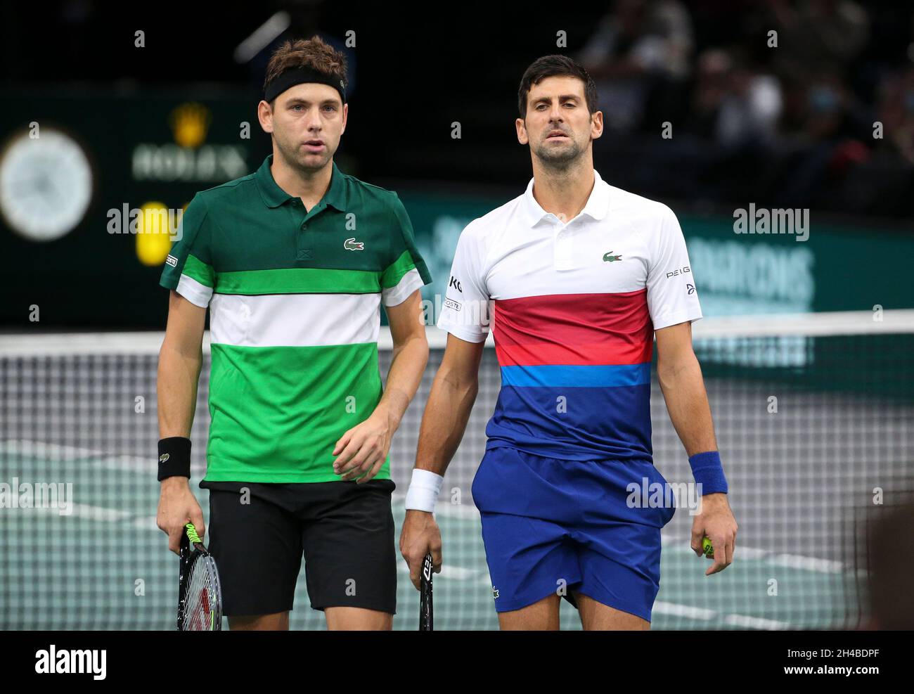 Paris, France. 01st Nov, 2021. Novak Djokovic of Serbia and teammate Filip  Krajinovic of Serbia (green shirt) during their double match on day 1 of  the Rolex Paris Masters 2021, an ATP