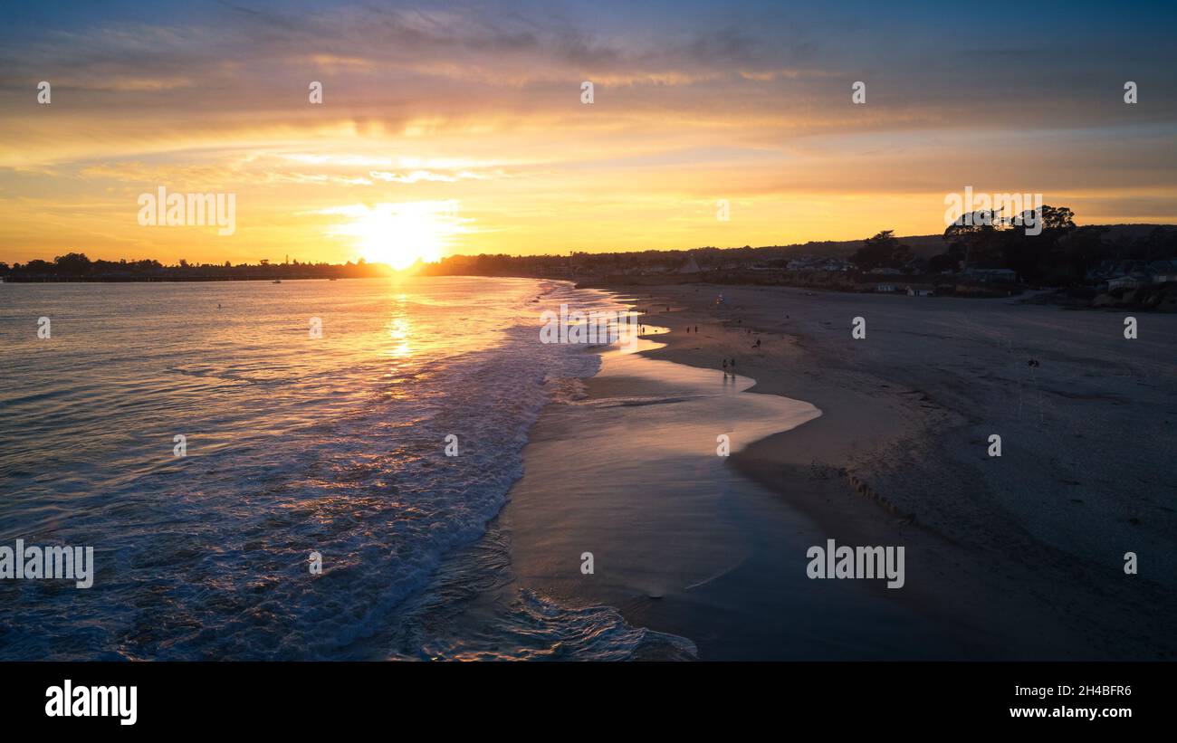 Santa Cruz Beach Aerial View with Colorful Sunset, California Stock
