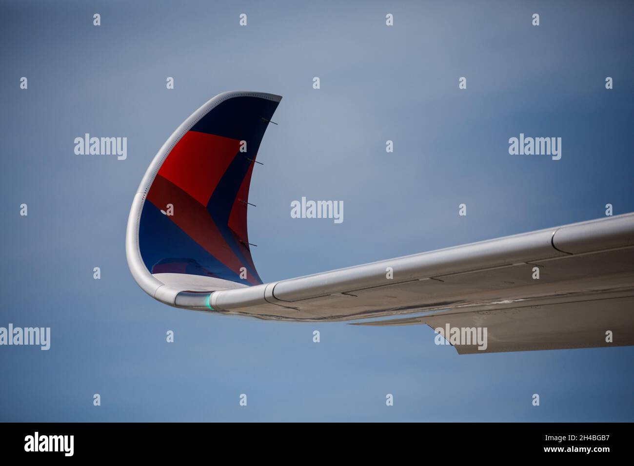 Los Angeles, California, USA. 29th Mar, 2019. The wing tip of a Delta Air Lines Inc. Airbus SE A350-900 (Registration N504DN) on the tarmac at Los Angeles International Airport (LAX) on Friday, March 29, 2019 in Los Angeles, Calif. © 2019 Patrick T. Fallon (Credit Image: © Patrick Fallon/ZUMA Press Wire) Stock Photo