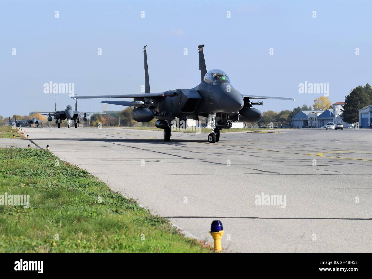 U.S. F-15E Strike Eagle aircraft from the 336th Fighter Squadron, 4th Fighter Wing, Seymour Johnson Air Force Base, North Carolina, arrive at Graf Ignatievo Air Base, Bulgaria, Nov. 1, 2021, in support of operation Castle Forge, a U.S. Air Forces Europe-Air Forces Africa-led joint, multinational training event. The Strike Eagles will spend the next several days training at the Bulgarian Air Force facility, continuing Castle Forge’s objective of affirming U.S. commitment to NATO allies in the Black Sea region (U.S. Air Force photo by Capt. Andrew Layton). Stock Photo