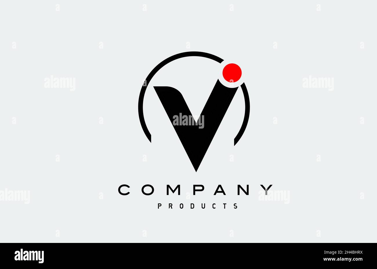 V simple black white alphabet letter logo icon with circle and red dot ...
