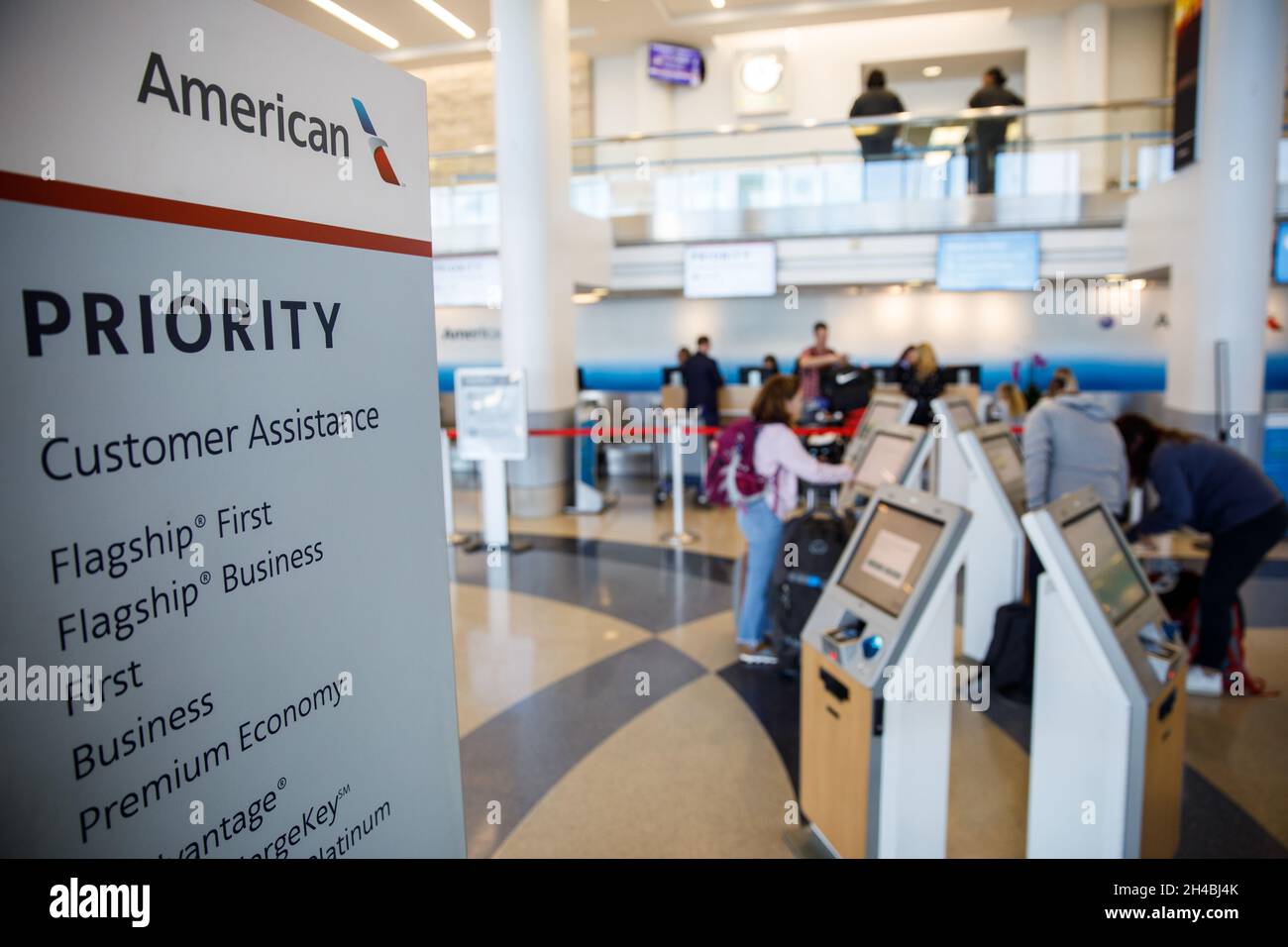 Los Angeles, California, USA. 29th Mar, 2019. American Airlines Group Inc. Priority Check-In inside Terminal 4 at Los Angeles International Airport (LAX) on Friday, March 29, 2019 in Los Angeles, Calif. © 2019 Patrick T. Fallon (Credit Image: © Patrick Fallon/ZUMA Press Wire) Stock Photo