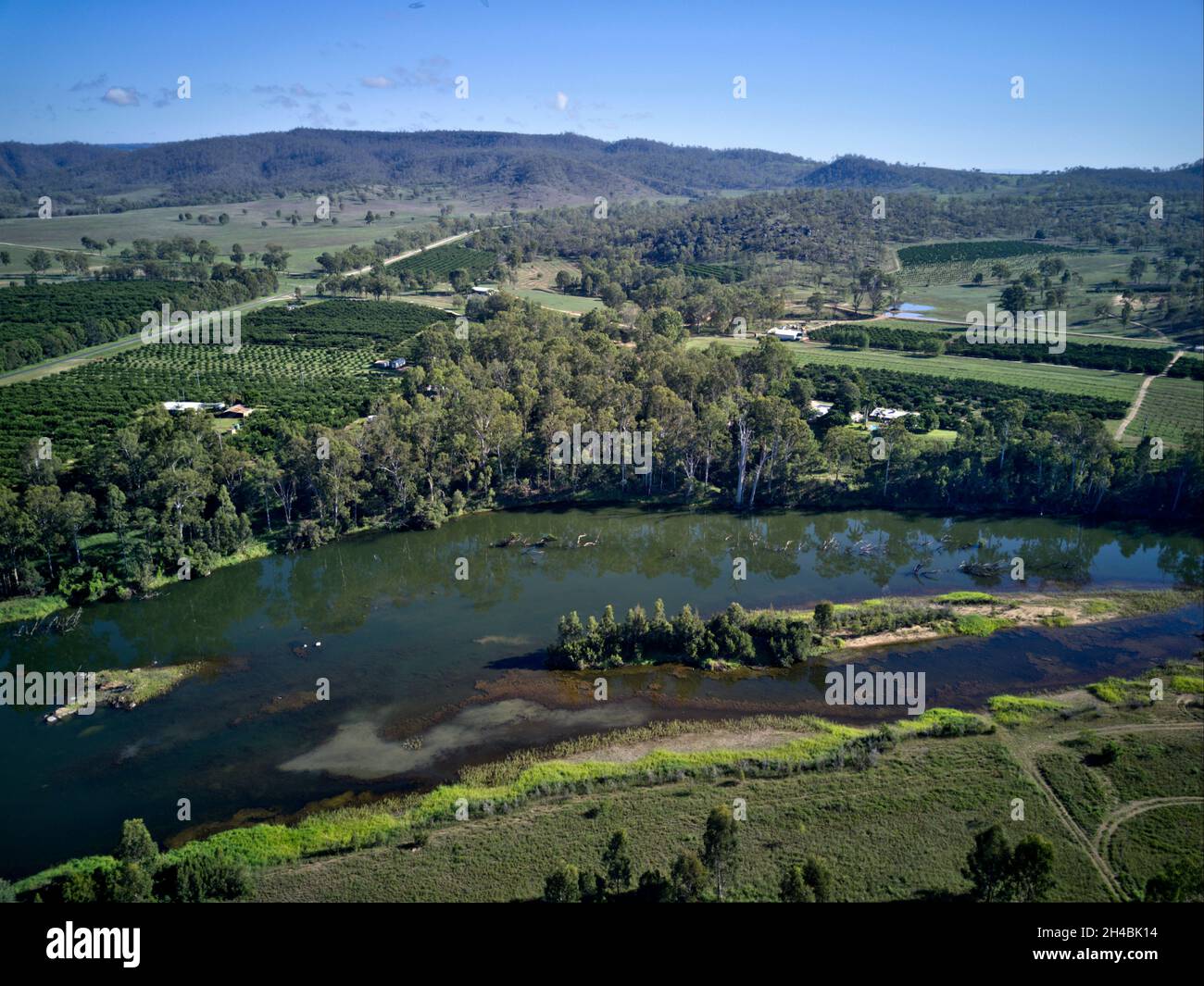 Aerial of citrus orchards growing along the banks of the Burnett River Gayndah Queensland Australia Stock Photo