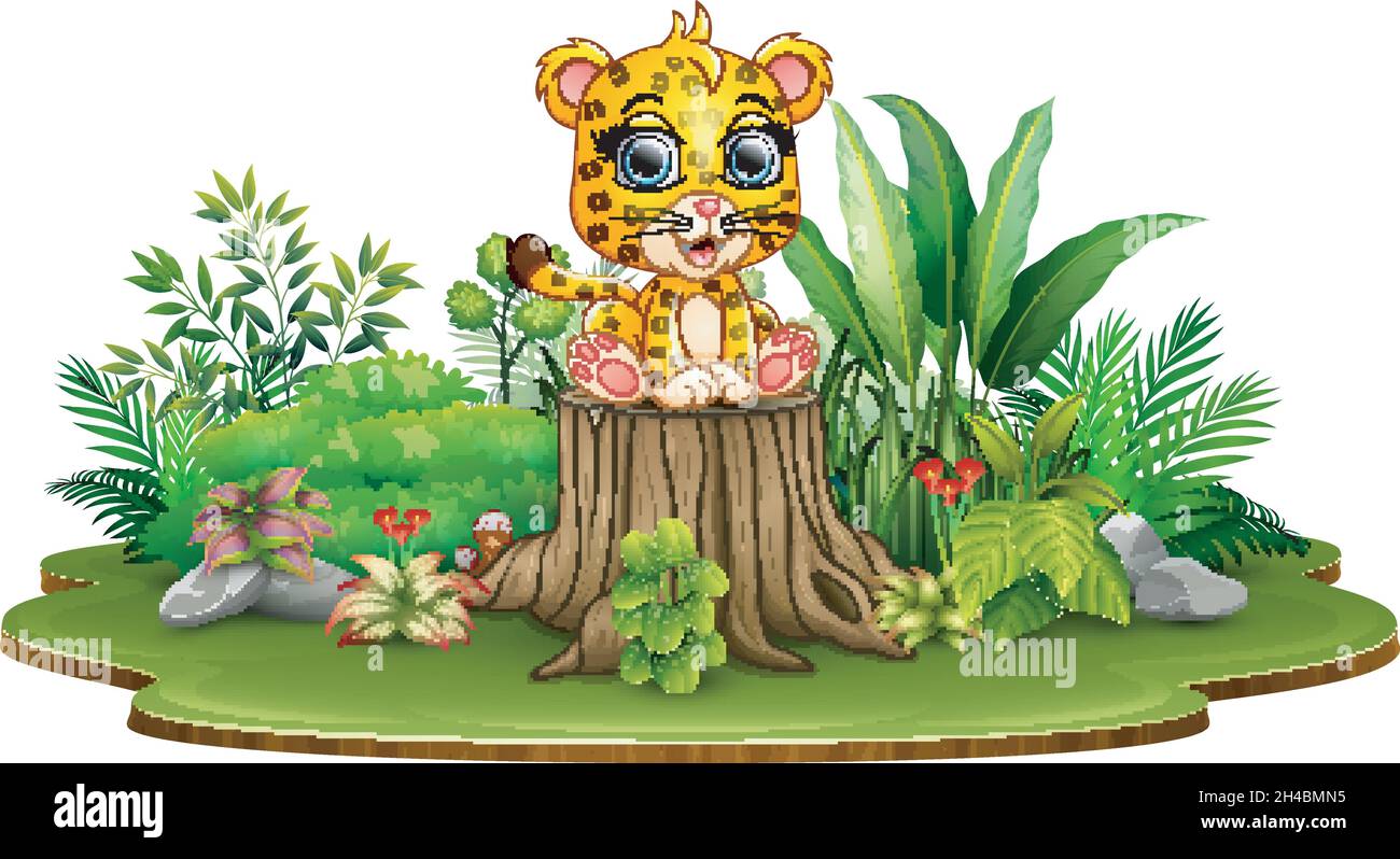 Cartoon happy baby leopard sitting on tree stump with green plants ...