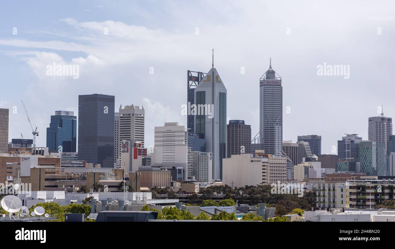 A perth cityscape taken on an overcast day in Perth Western Australia on October 19th 2021 Stock Photo