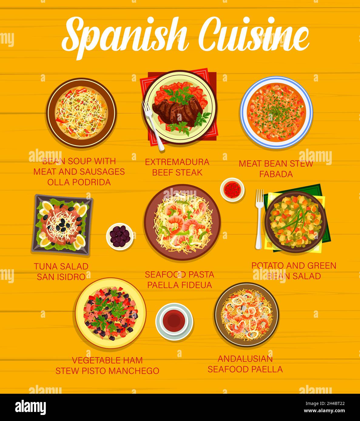 Spanish cuisine vector menu with restaurant dishes of seafood rice paella, vegetable fish salad and meat bean stew. Extremadura beef steak, potato sal Stock Vector