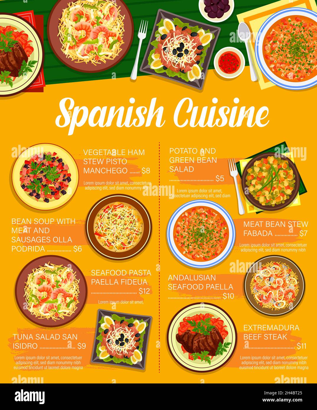 Spanish cuisine restaurant vector menu of meat and vegetable food, rice and pasta seafood paella and fish salad dishes. Bean sausage soup, extremadura Stock Vector