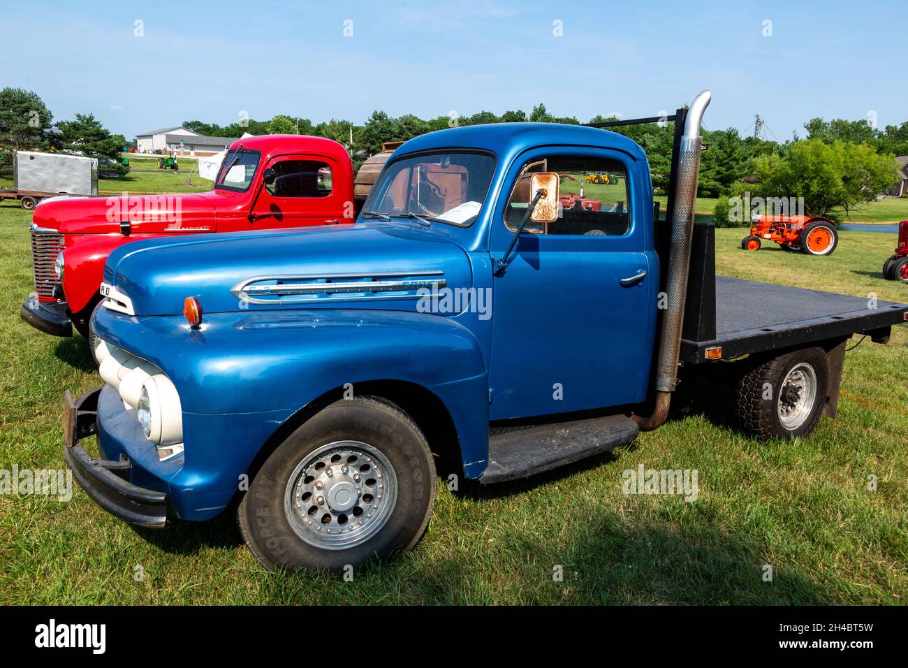 A blue antique 1951 Ford flatbed truck on display at a show in Warren, Indiana, USA. Stock Photo