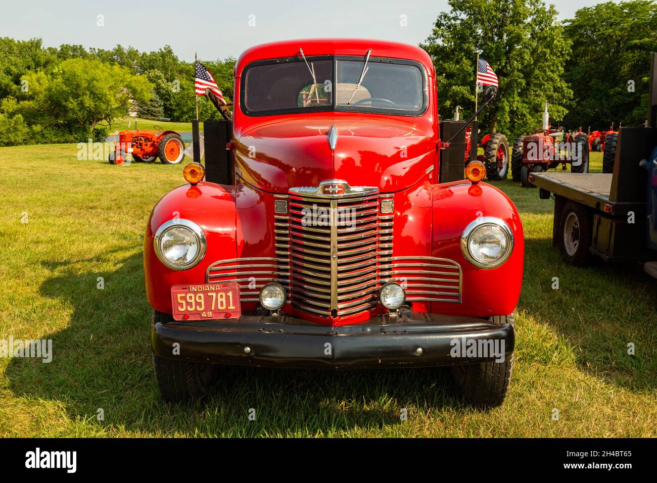 A red antique 1949 International truck on display at a show in Warren, Indiana, USA. Stock Photo