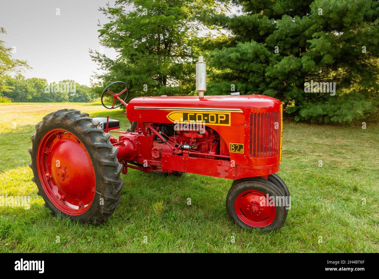 A red antique Co-Op B2 row crop farm tractor in Warren, Indiana, USA. Stock Photo