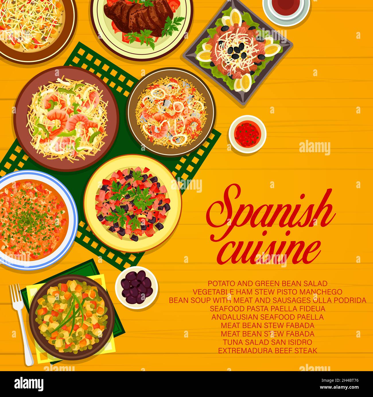 Spanish cuisine restaurant vector menu cover with meat and seafood meal, fish and vegetable salads. Paella dishes with rice and pasta, extremadura bee Stock Vector