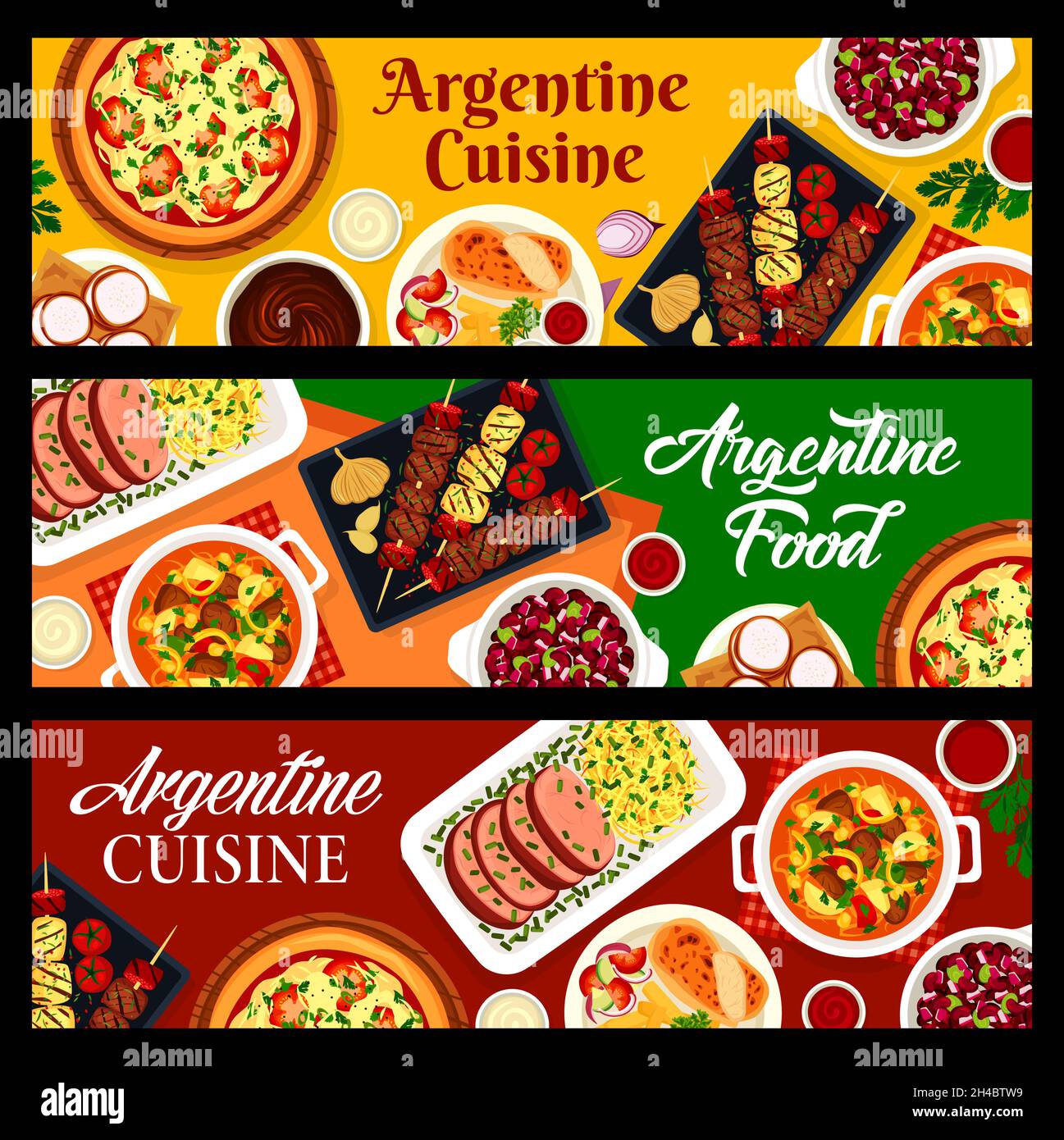 Argentine cuisine banners. Bbq meat and sausages Asado, turkey Milanesa and Lama steak, bean stew Locro, onion pizza Fugazza and Dulce de Leche, cooki Stock Vector