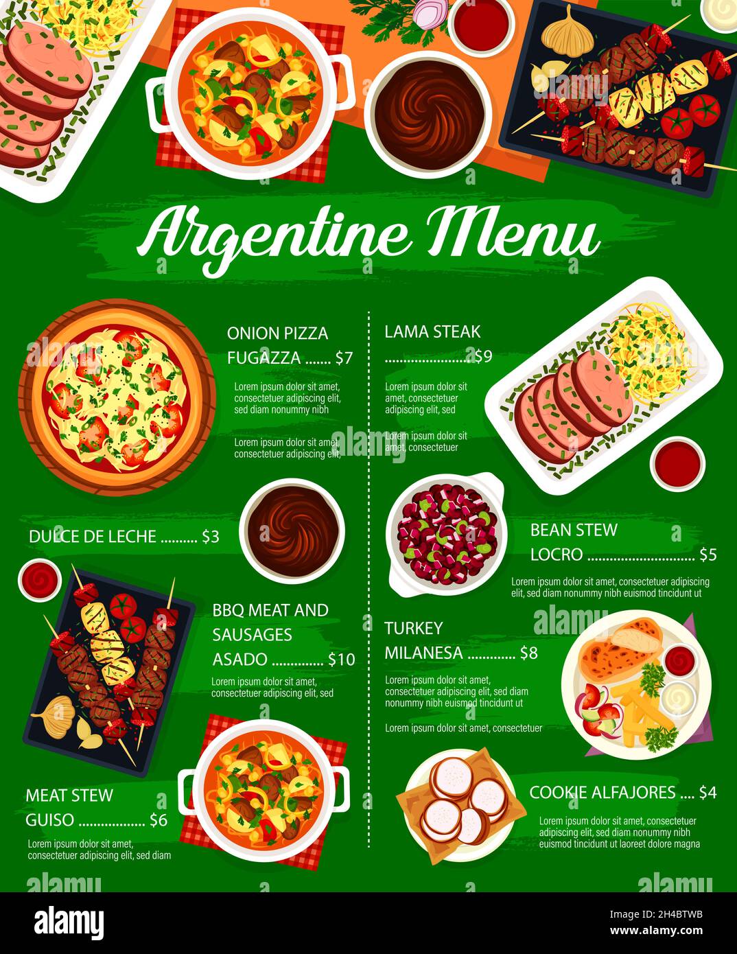 Argentine cuisine menu. Turkey Milanesa, bbq meat and sausages Asado and cookie Alfajores, onion pizza Fugazza, Lama steak and bean stew Locro, meat s Stock Vector