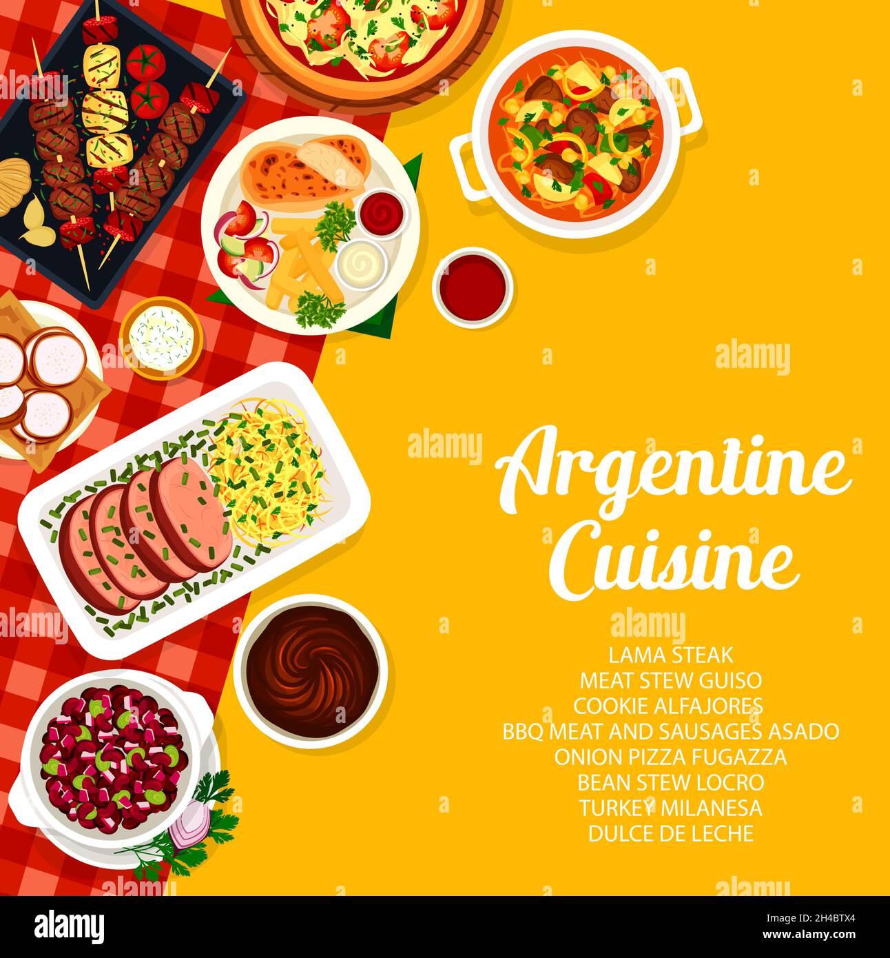 Argentine cuisine menu cover. Bbq meat and sausages Asado, meat stew Guiso and onion pizza Fugazza, Lama steak, cookie Alfajores and turkey Milanesa, Stock Vector